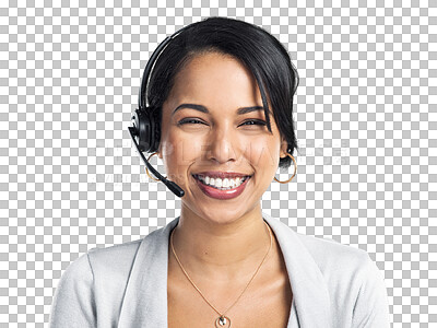 Buy stock photo Customer service, callcenter face portrait and happy woman, consultant or seller for telemarketing consultation. Communication mic, advice and corporate person isolated on transparent, png background