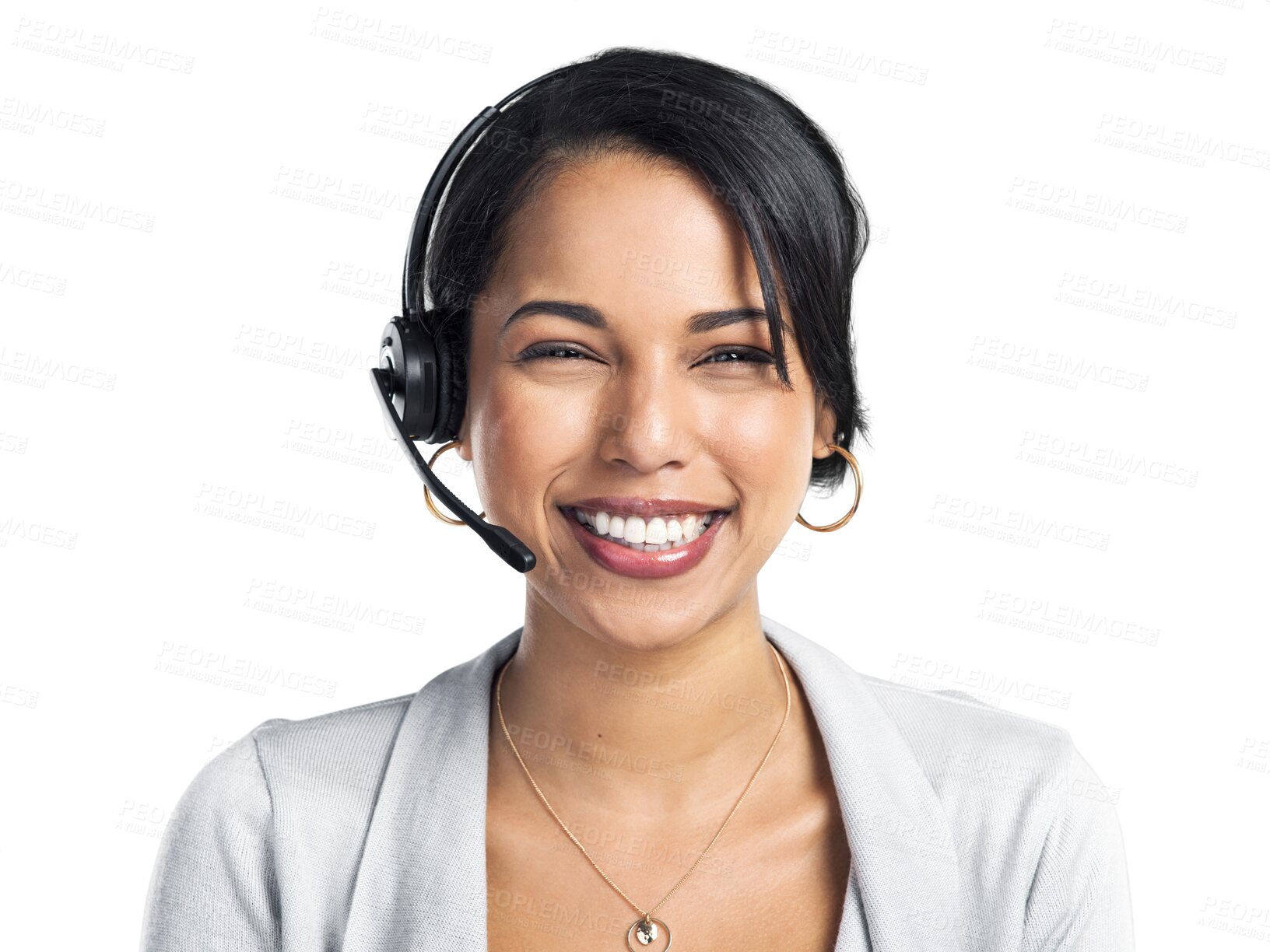 Buy stock photo Customer service, callcenter face portrait and happy woman, consultant or seller for telemarketing consultation. Communication mic, advice and corporate person isolated on transparent, png background