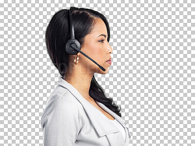 Buy stock photo Customer support, callcenter profile and serious woman consulting, networking or telemarketing on ecommerce telecom. CRM communication, headset and person face isolated on transparent, png background