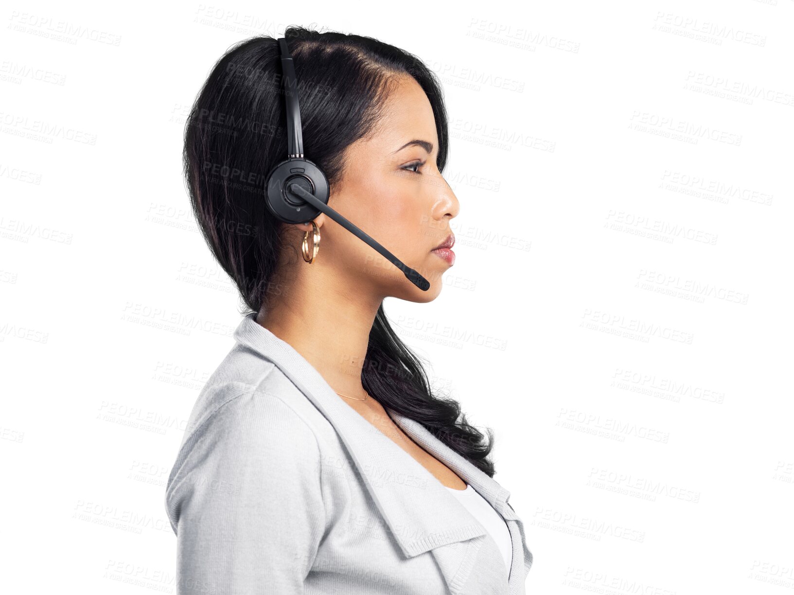 Buy stock photo Customer support, callcenter profile and serious woman consulting, networking or telemarketing on ecommerce telecom. CRM communication, headset and person face isolated on transparent, png background