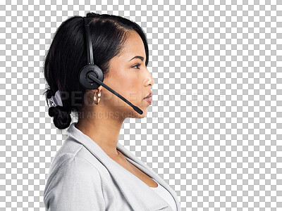 Buy stock photo Customer service, call center profile and woman consulting, networking or telemarketing on telecom support services. Communication headset, face and person isolated on a transparent, png background