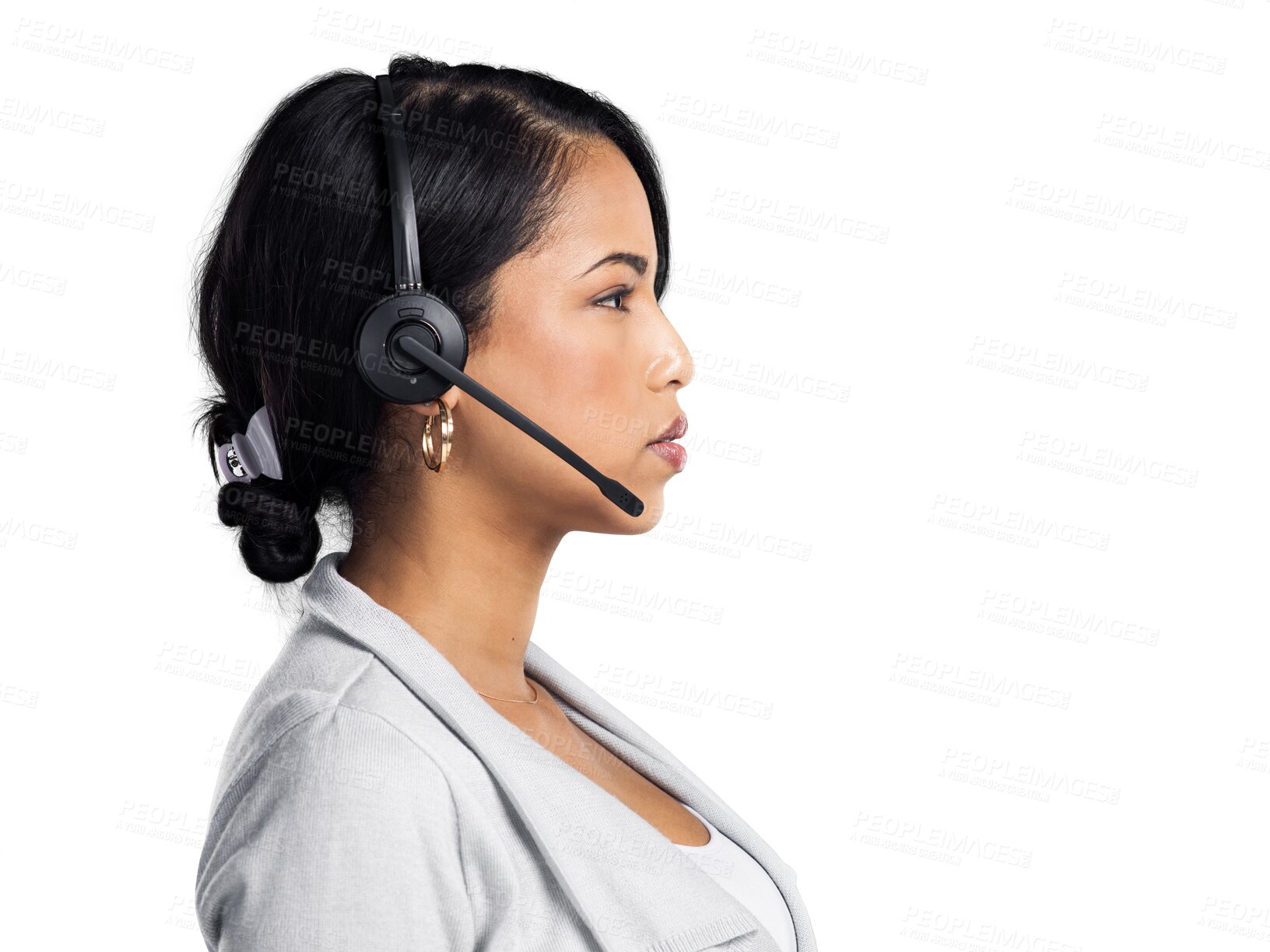 Buy stock photo Customer service, call center profile and woman consulting, networking or telemarketing on telecom support services. Communication headset, face and person isolated on a transparent, png background