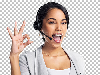 Buy stock photo Customer support, call center portrait and happy woman with ok sign, emoji gesture and symbol for good job vocation. Tech support pride, okay and person face isolated on transparent, png background