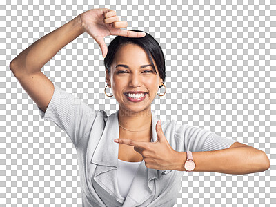 Buy stock photo Portrait, business and woman with finger frame, perspective or professional isolated on a transparent background. Face, female person or focus with hand gesture, png or career with promotion or smile