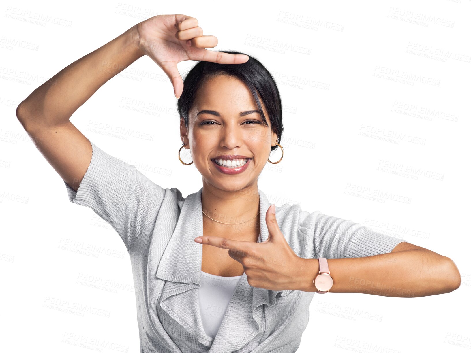 Buy stock photo Portrait, business and woman with finger frame, perspective or professional isolated on a transparent background. Face, female person or focus with hand gesture, png or career with promotion or smile