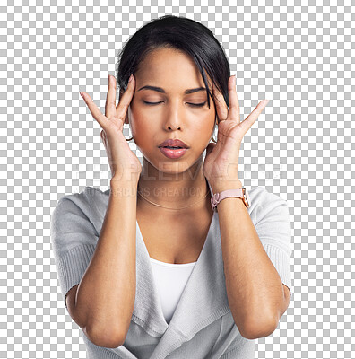 Buy stock photo Woman with headache, business crisis and stress, massage temple for pain relief isolated on transparent png background. Female person with migraine, medical or work problem with professional mistake