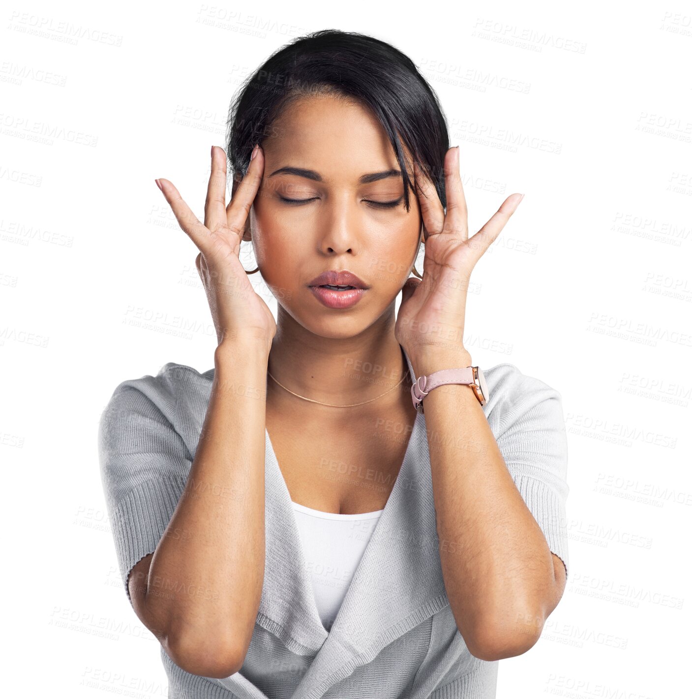 Buy stock photo Woman with headache, business crisis and stress, massage temple for pain relief isolated on transparent png background. Female person with migraine, medical or work problem with professional mistake