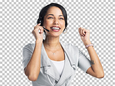 Buy stock photo Customer service achievement, call center and happy woman celebration, feedback or excited at sales pitch success. Winner, ecommerce smile and person celebrate isolated on transparent, png background