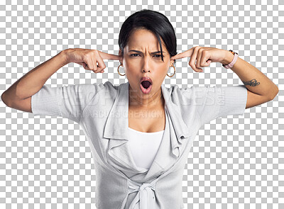 Buy stock photo Portrait, frustrated and ignore with a business woman isolated on a transparent background blocking her ears. Face, angry and expression with a young female employee looking upset at news on PNG