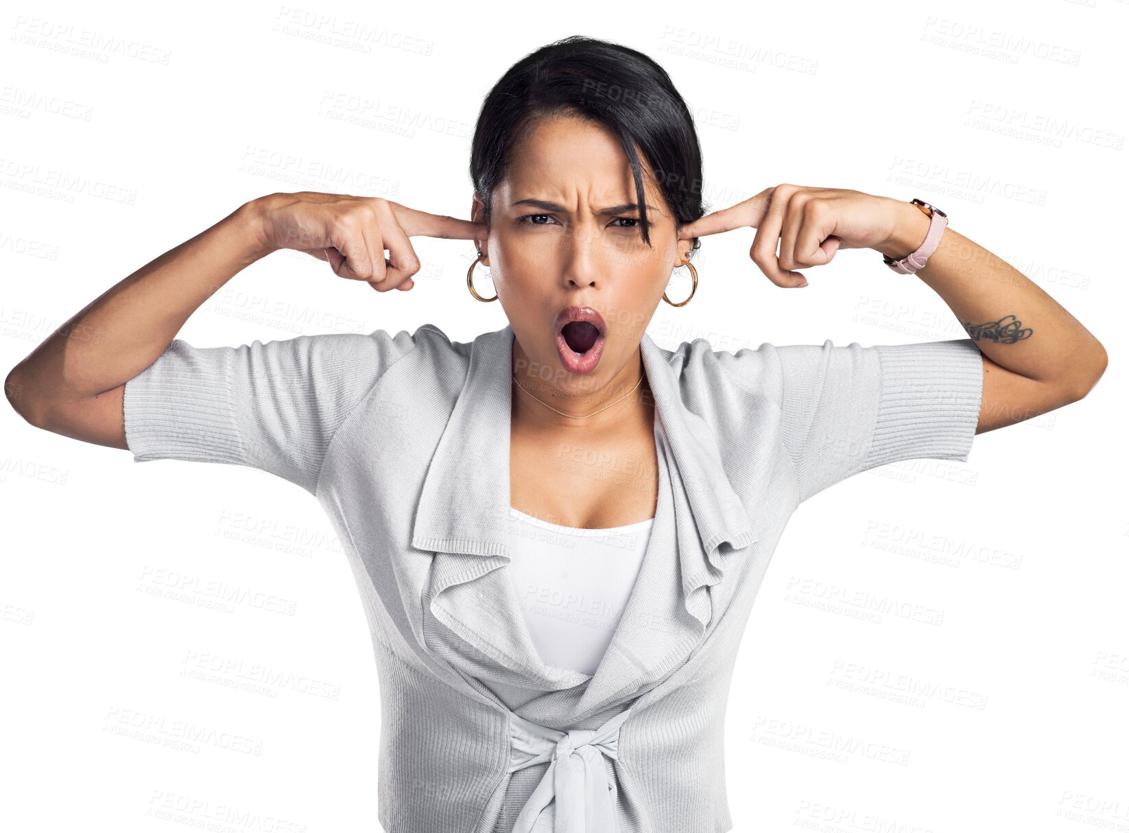 Buy stock photo Portrait, frustrated and ignore with a business woman isolated on a transparent background blocking her ears. Face, angry and expression with a young female employee looking upset at news on PNG