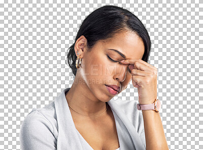 Buy stock photo Stress, headache or burnout with a business woman isolated on transparent background for compliance. Mental health, error and pain with a young female employee feeling pressure of a deadline on PNG