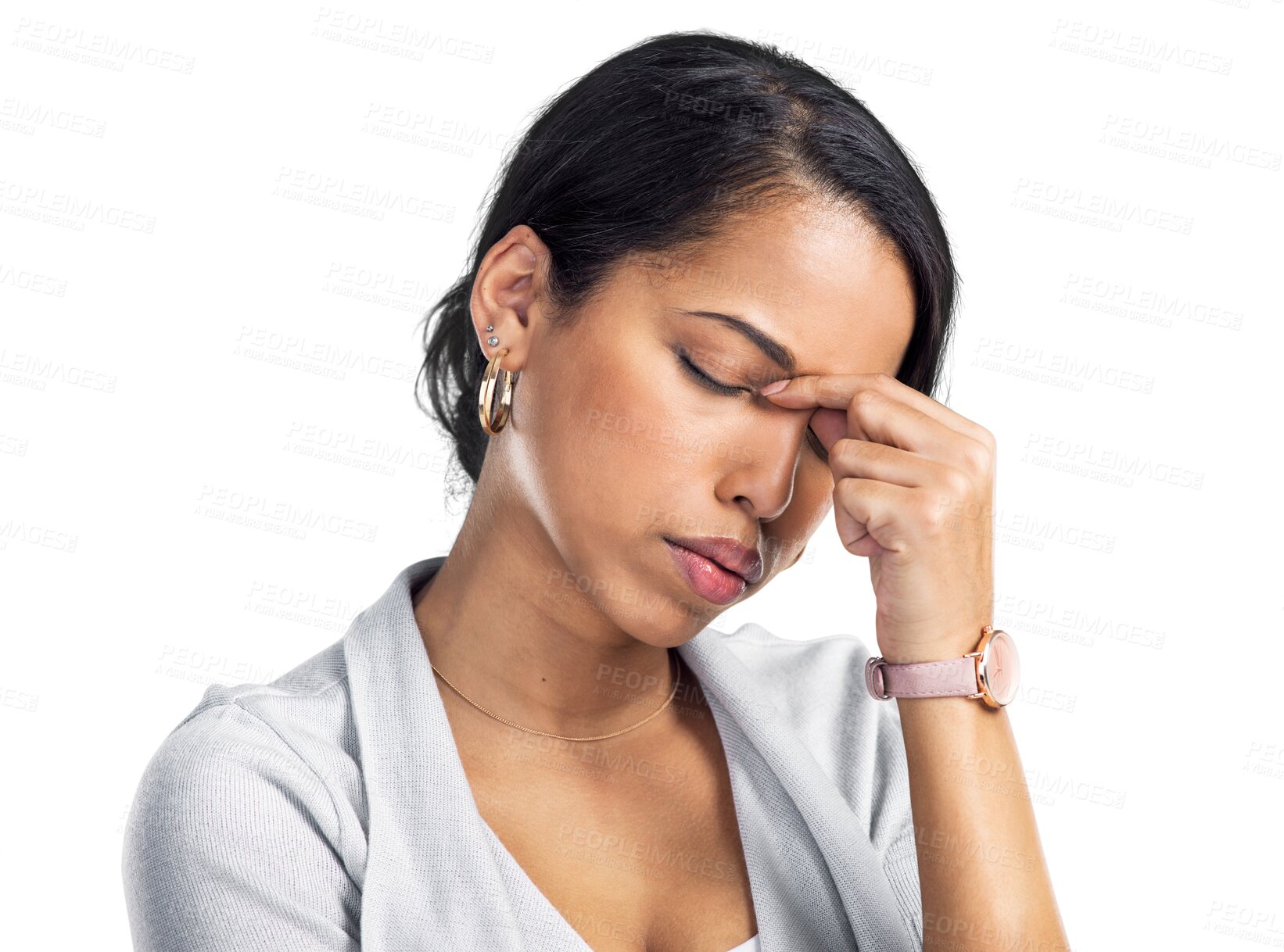 Buy stock photo Stress, headache or burnout with a business woman isolated on transparent background for compliance. Mental health, error and pain with a young female employee feeling pressure of a deadline on PNG