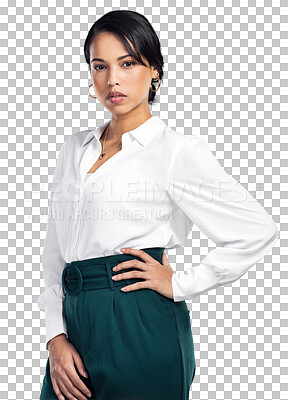 Buy stock photo Portrait, business and woman with success, serious and employee isolated against a transparent background. Female person, entrepreneur and consultant with a career, tough and professional with png