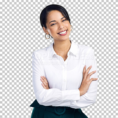 Buy stock photo Arms crossed, professional  and portrait of business woman on transparent background for happy, confident and entrepreneur. Smile, pride and designer with employee isolated on png for career mindset