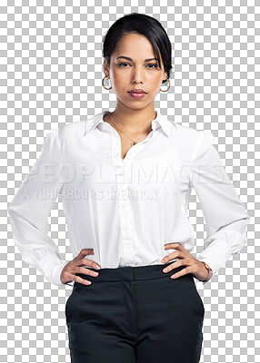 Buy stock photo Confident, lawyer and portrait of woman in business, legal or working in corporate law on transparent, isolated or png background. Professional, attorney and businesswoman or worker with hands on hip