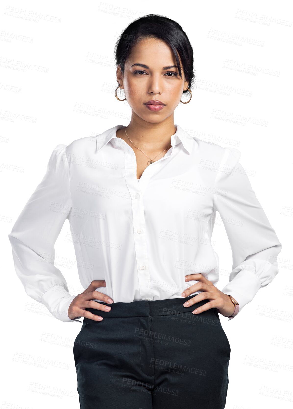 Buy stock photo Confident, lawyer and portrait of woman in business, legal or working in corporate law on transparent, isolated or png background. Professional, attorney and businesswoman or worker with hands on hip