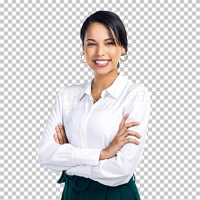 Buy stock photo Arms crossed, smile and portrait of business woman on transparent background for professional, confident and entrepreneur. Happy, pride and designer with employee isolated on png for career mindset