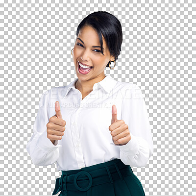 Buy stock photo ??Thumbs up, business woman and portrait of winner success, thank you or agreement, yes and like sign. Excited worker or person in okay, good job hands or emoji isolated on transparent png background