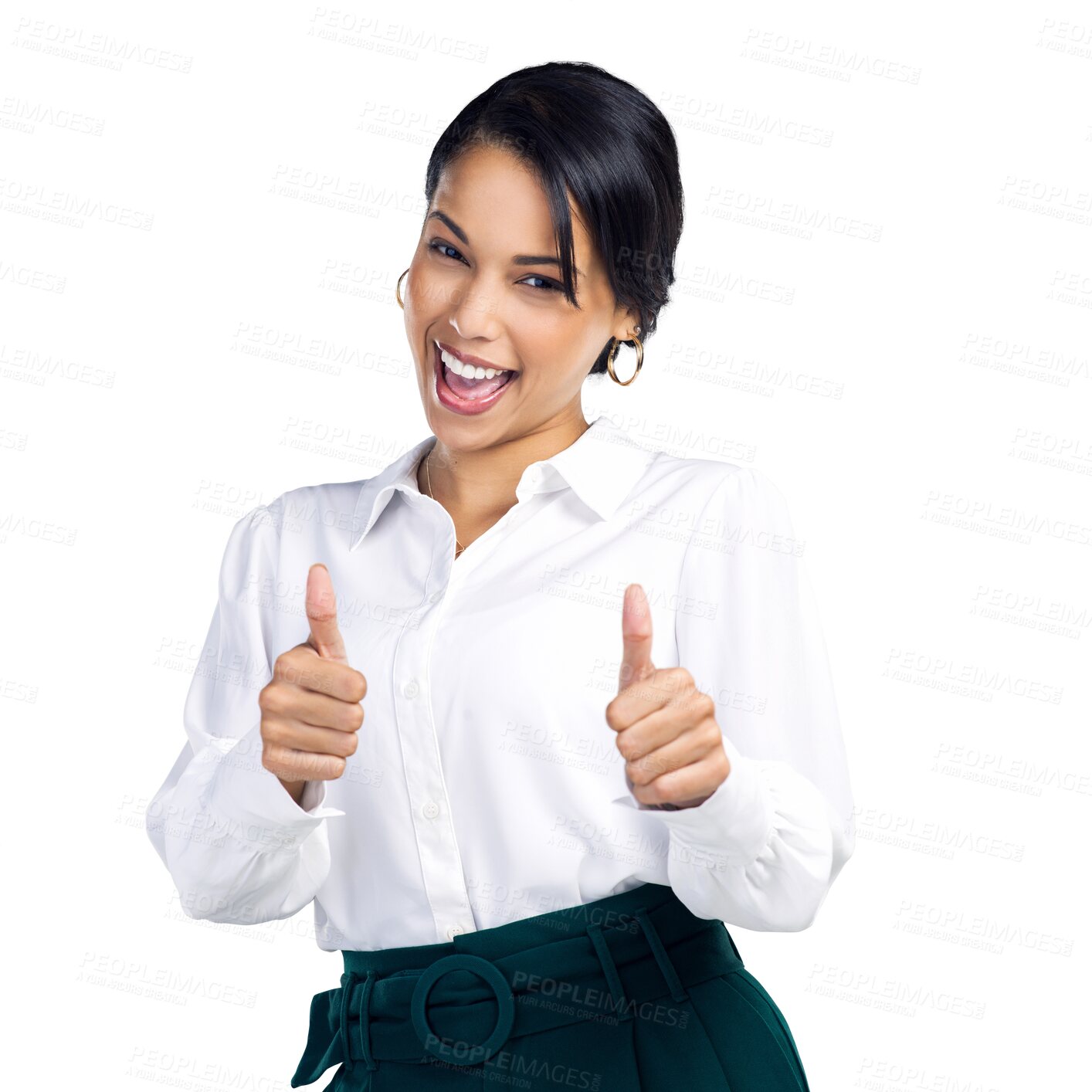 Buy stock photo ??Thumbs up, business woman and portrait of winner success, thank you or agreement, yes and like sign. Excited worker or person in okay, good job hands or emoji isolated on transparent png background