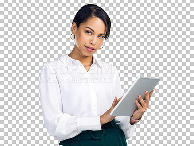 Buy stock photo Isolated business woman, tablet and portrait with typing, planning and email by transparent png background. Female entrepreneur, digital touchscreen or reading online for info, networking or schedule