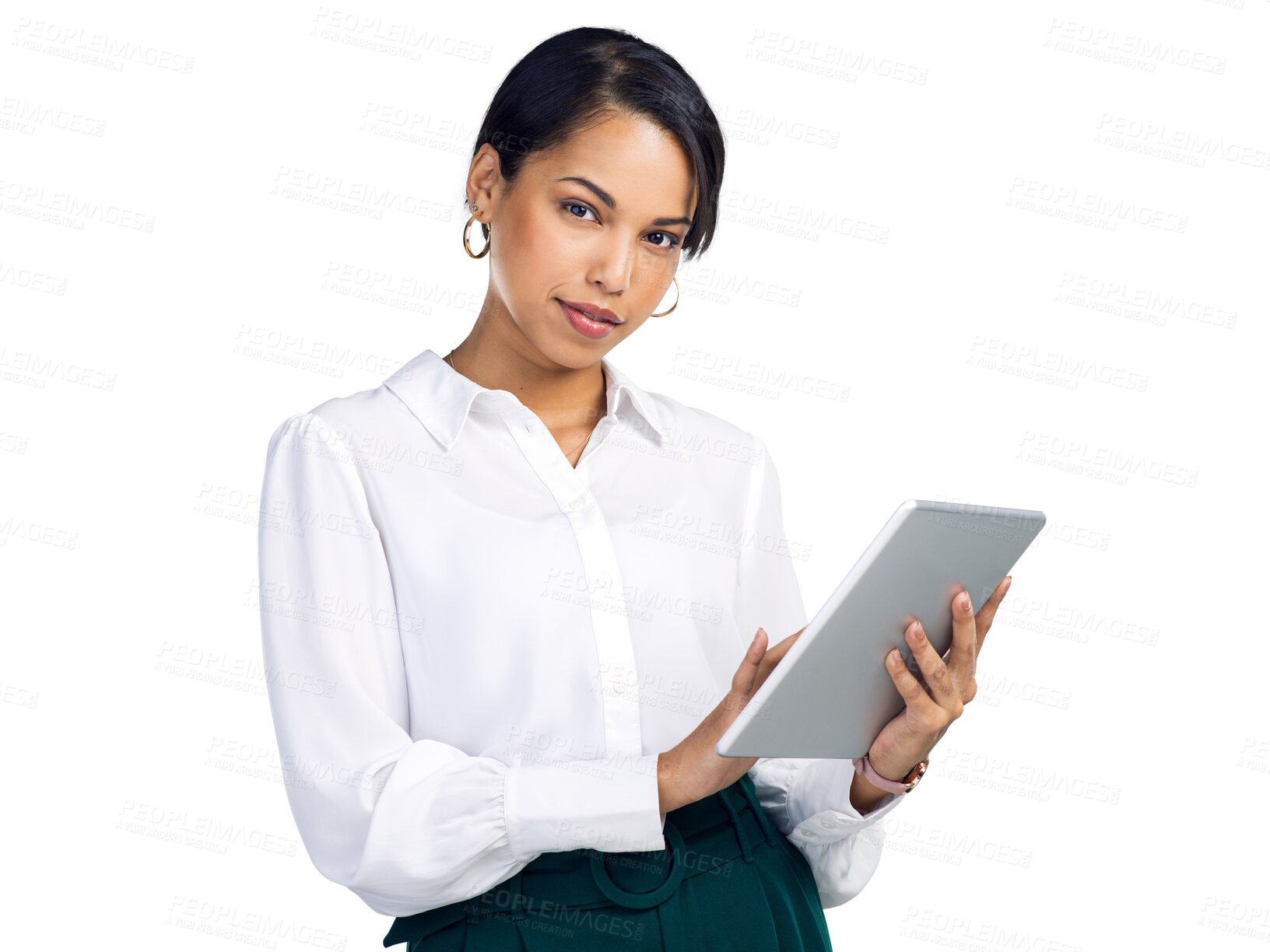 Buy stock photo Isolated business woman, tablet and portrait with typing, planning and email by transparent png background. Female entrepreneur, digital touchscreen or reading online for info, networking or schedule