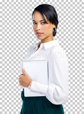 Buy stock photo Portrait, business and woman with a tablet, serious or web designer isolated on a transparent background. Female person, developer or employee with technology, social network or professional with png