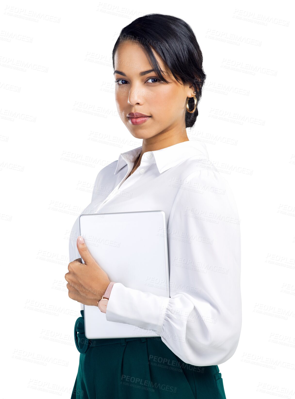 Buy stock photo Portrait, business and woman with a tablet, serious or web designer isolated on a transparent background. Female person, developer or employee with technology, social network or professional with png