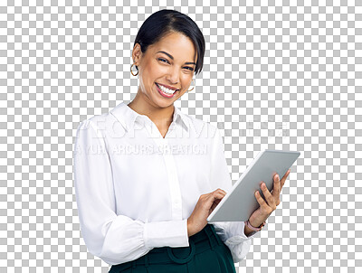 Buy stock photo Tablet, business woman and happy portrait of professional with internet or network. Excited corporate person isolated on transparent, png background for social media, research or email communication