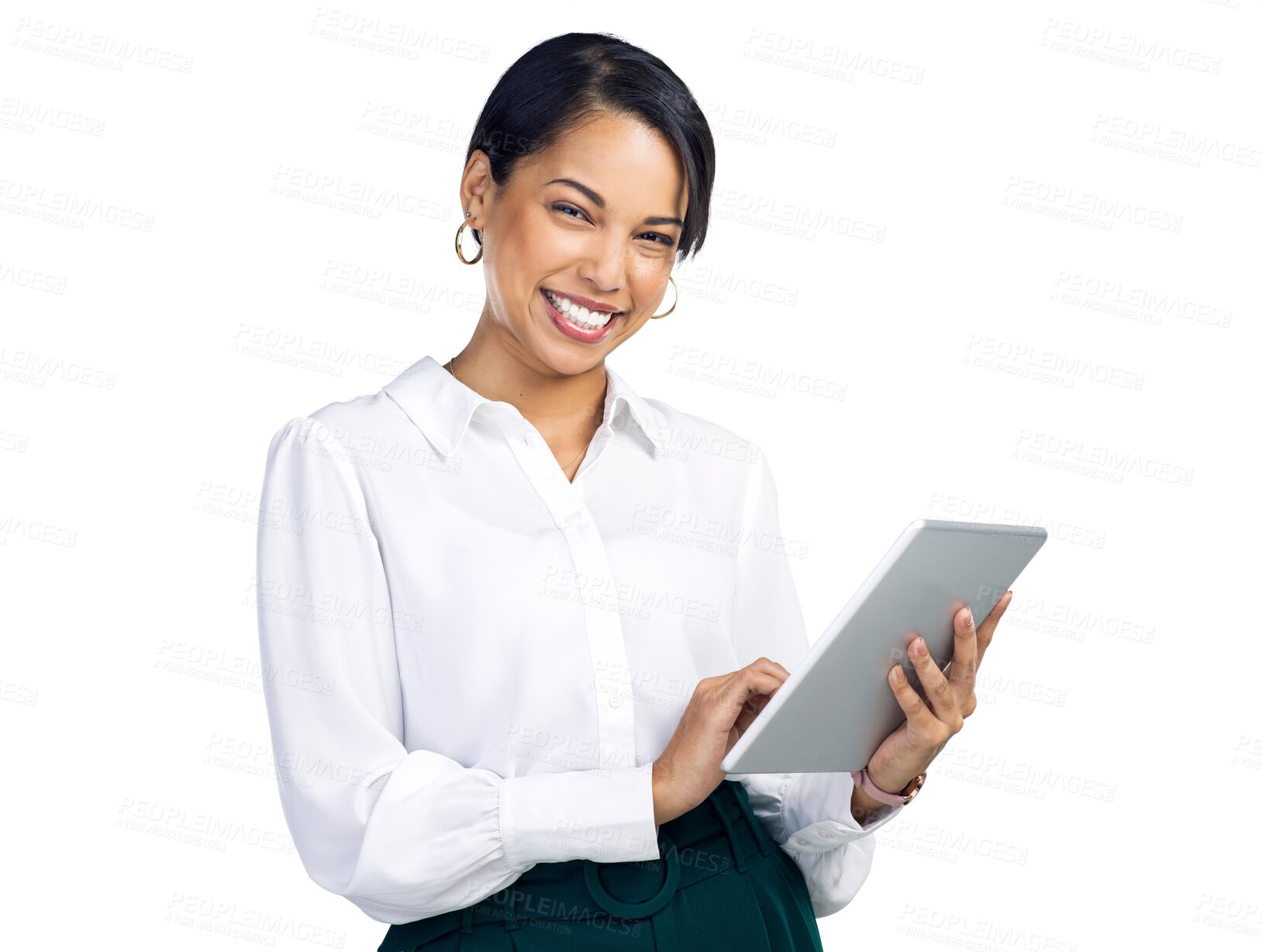 Buy stock photo Tablet, business woman and happy portrait of professional with internet or network. Excited corporate person isolated on transparent, png background for social media, research or email communication