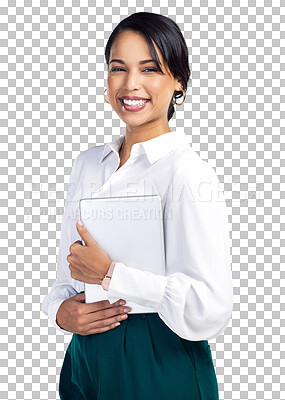 Buy stock photo Portrait, smile and business woman with tablet isolated on a transparent png background. Technology, fashion and happy female professional, entrepreneur or person from Brazil with pride for career.