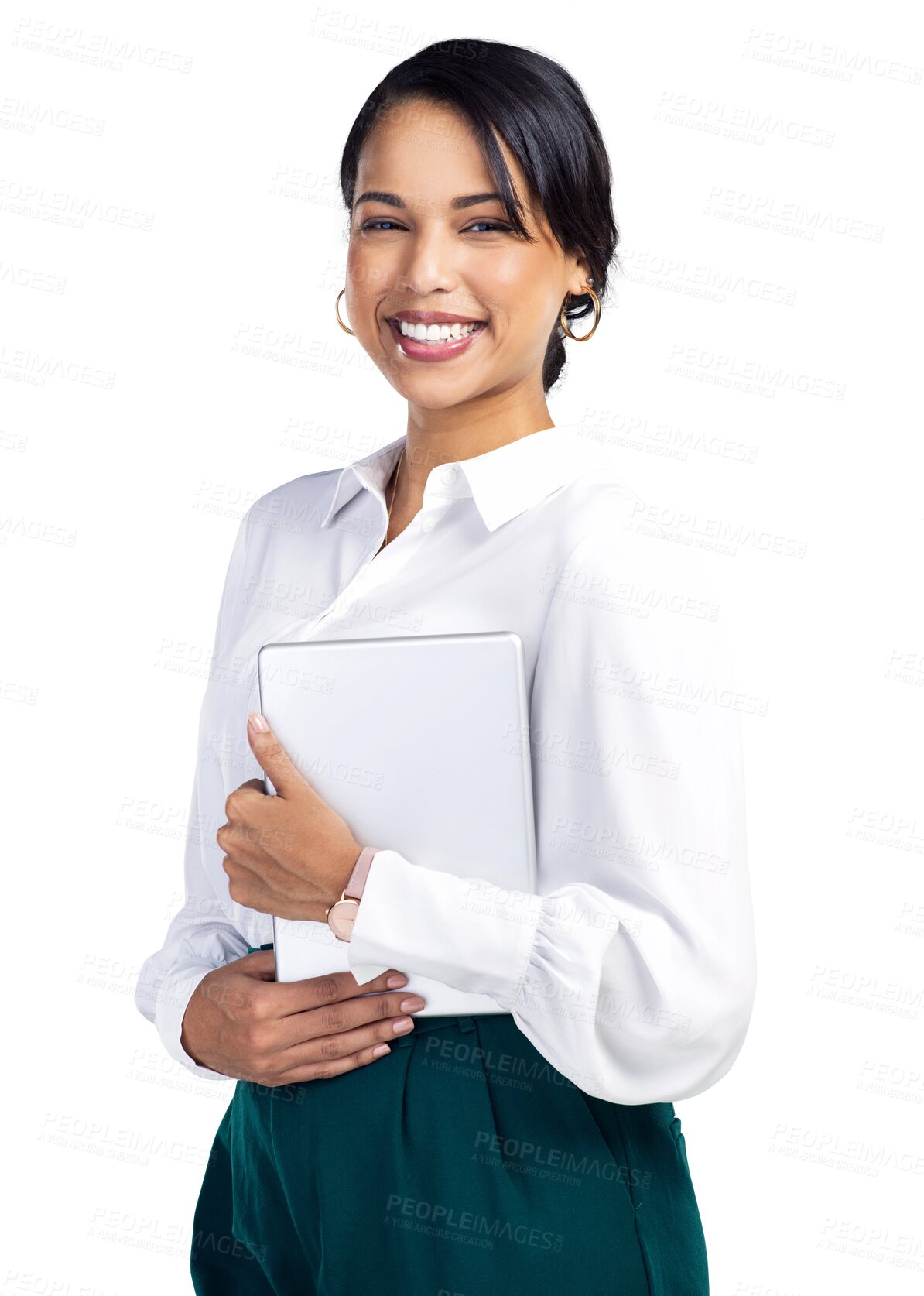 Buy stock photo Portrait, smile and business woman with tablet isolated on a transparent png background. Technology, fashion and happy female professional, entrepreneur or person from Brazil with pride for career.