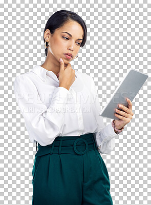 Buy stock photo Thinking, tablet and a business woman on internet for research, communication or network. Female corporate person isolated on transparent, png background with focus, ideas and plan for internet chat