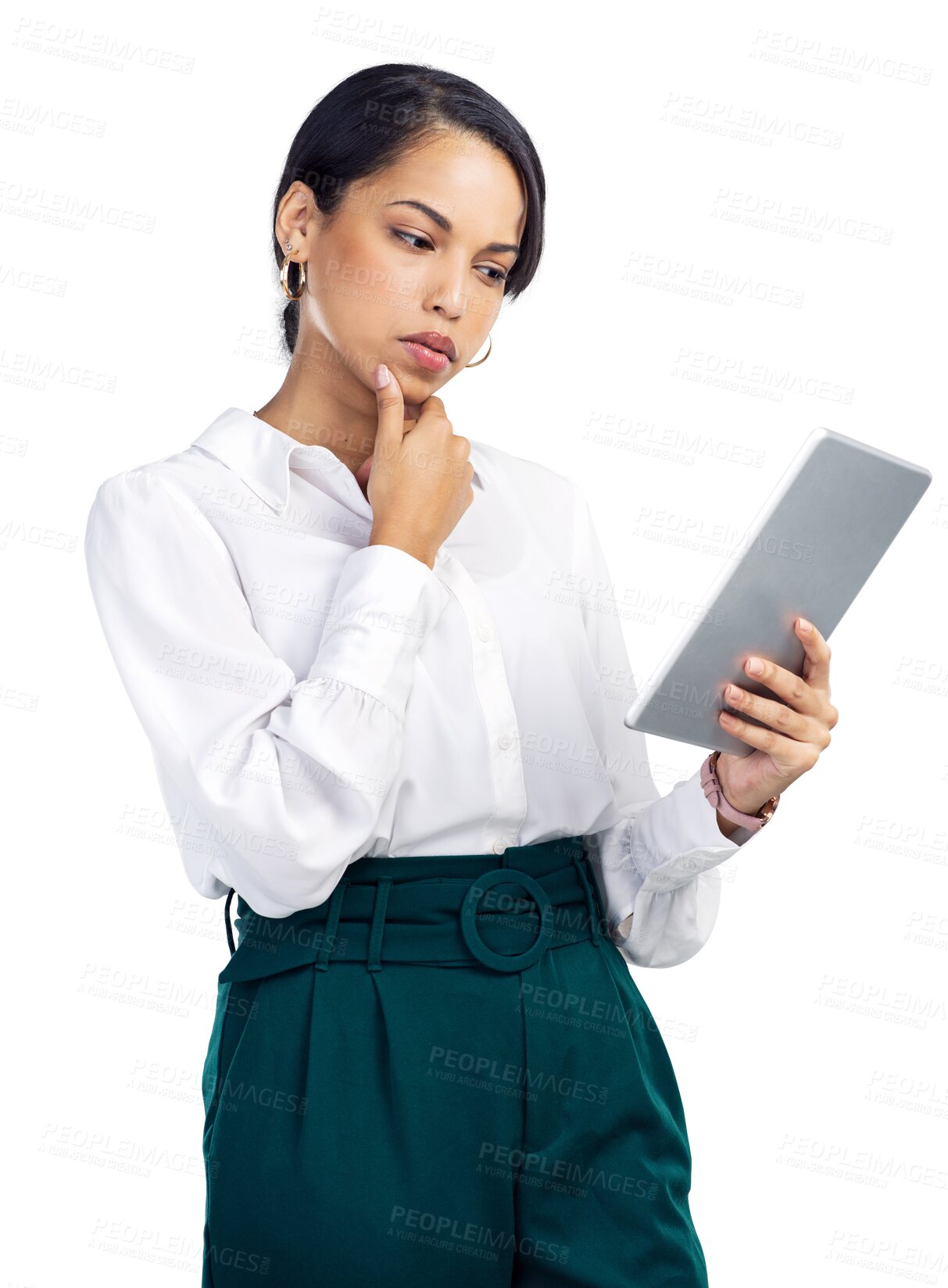 Buy stock photo Thinking, tablet and a business woman on internet for research, communication or network. Female corporate person isolated on transparent, png background with focus, ideas and plan for internet chat