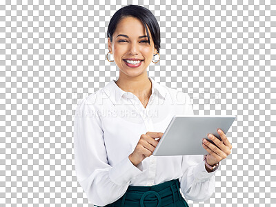 Buy stock photo Tablet, happy portrait and a business woman or a professional with internet for research or email. Female corporate worker isolated on a transparent, png background for social media, website or chat