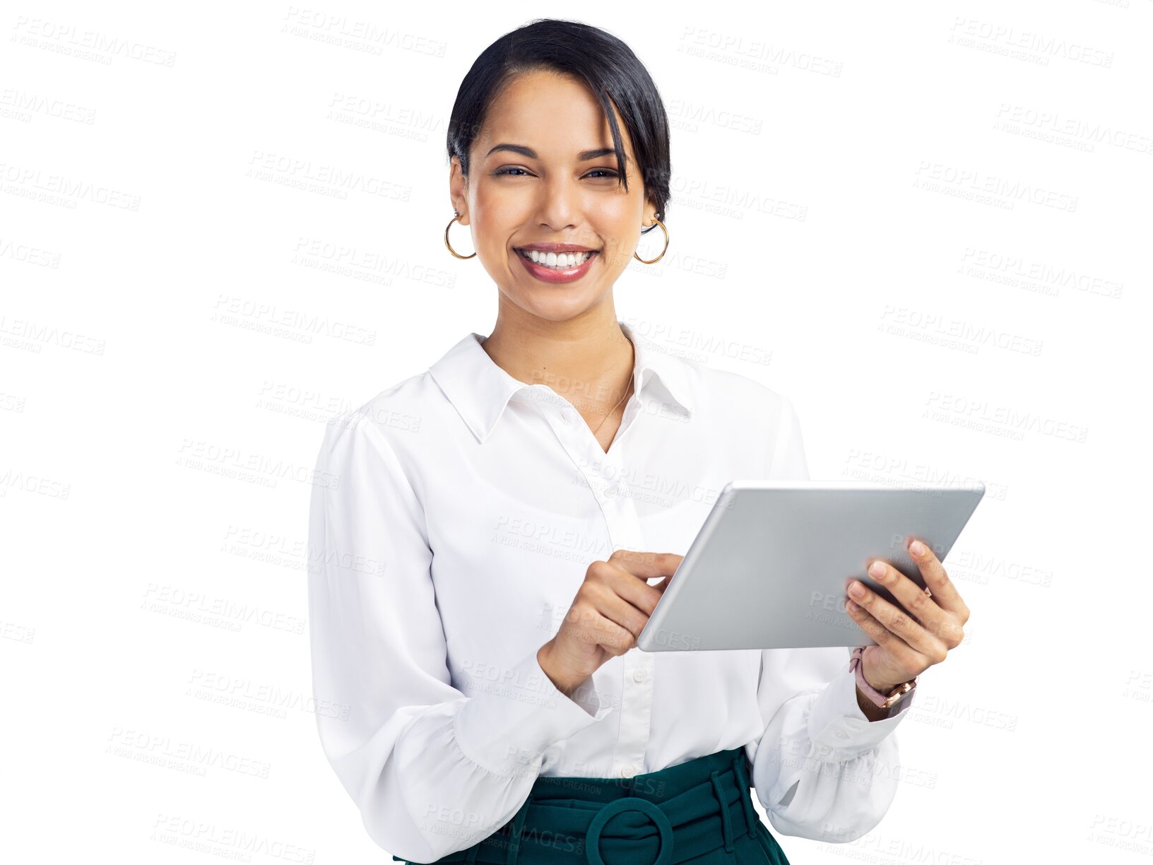 Buy stock photo Tablet, happy portrait and a business woman or a professional with internet for research or email. Female corporate worker isolated on a transparent, png background for social media, website or chat