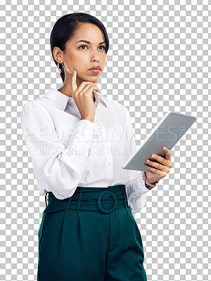 Buy stock photo Business woman, tablet and thinking of idea with internet, connection and network. Serious corporate person isolated on a transparent, png background with focus, plan or vision for tech research