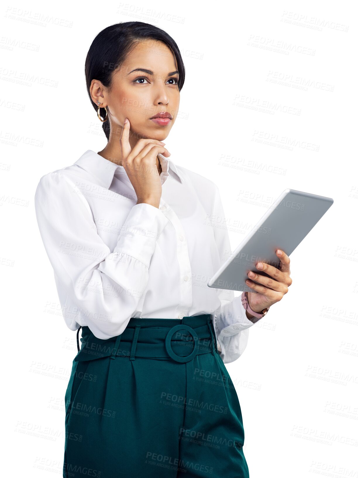 Buy stock photo Business woman, tablet and thinking of idea with internet, connection and network. Serious corporate person isolated on a transparent, png background with focus, plan or vision for tech research