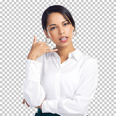 Buy stock photo Phone gesture, call me portrait and corporate woman, consultant or lawyer for advice, consultation or chat. Contact us, attorney attitude and business person isolated on transparent, png background