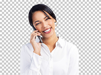 Buy stock photo Phone call consultation, corporate portrait or happy woman speaking on cellphone communication, networking or consulting. Smile, agent face and business person isolated on transparent, png background