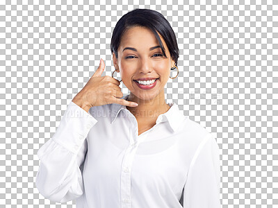 Buy stock photo Phone gesture, call me or business portrait of woman smile, agent or advisor for networking conversation. Contact us, communication or professional person talk isolated on transparent, png background