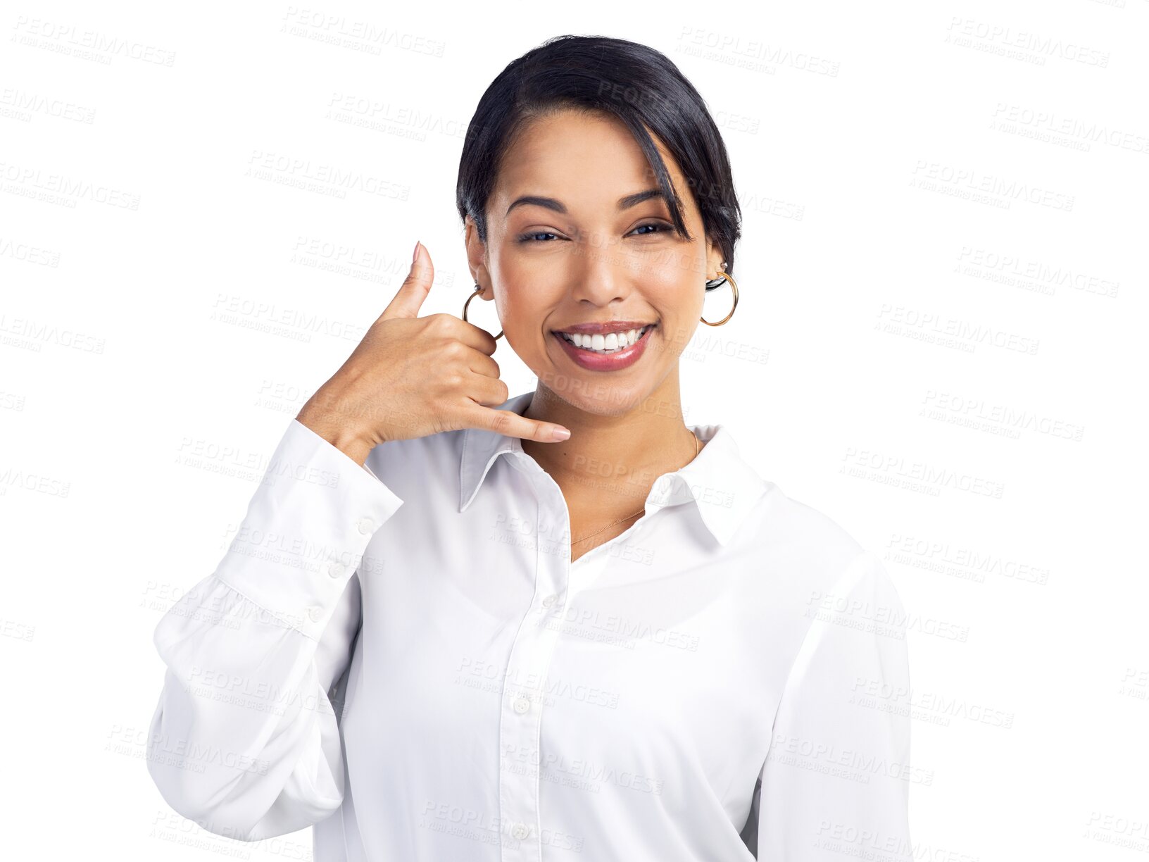 Buy stock photo Phone gesture, call me or business portrait of woman smile, agent or advisor for networking conversation. Contact us, communication or professional person talk isolated on transparent, png background