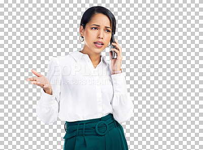 Buy stock photo Cellphone call, problem and business woman speaking, talking and discussion on logistics crisis, fail or mistake. Smartphone conversation, corporate and person isolated on transparent, png background