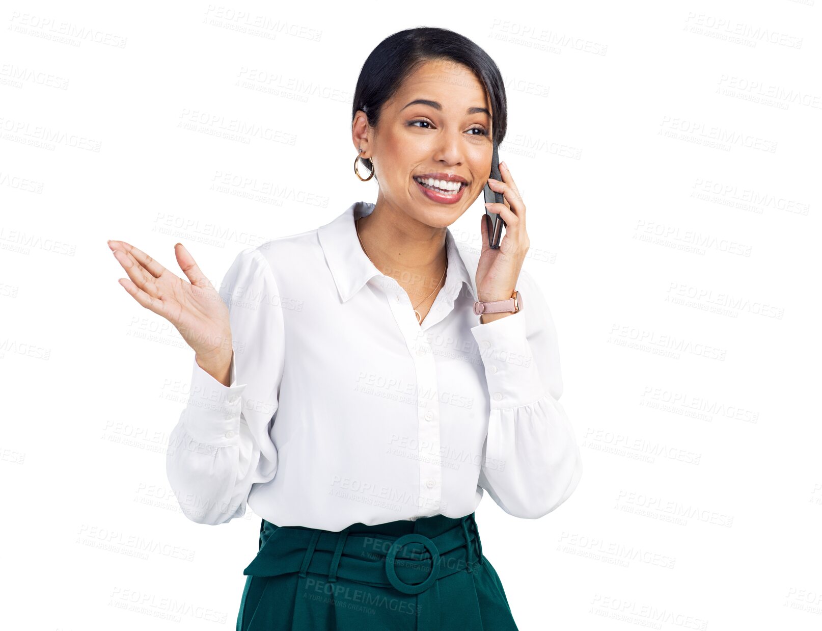 Buy stock photo Cellphone call, happiness and business woman speaking on phone communication, networking and consulting. Happy advisor, corporate and person talking on mobile isolated on transparent, png background