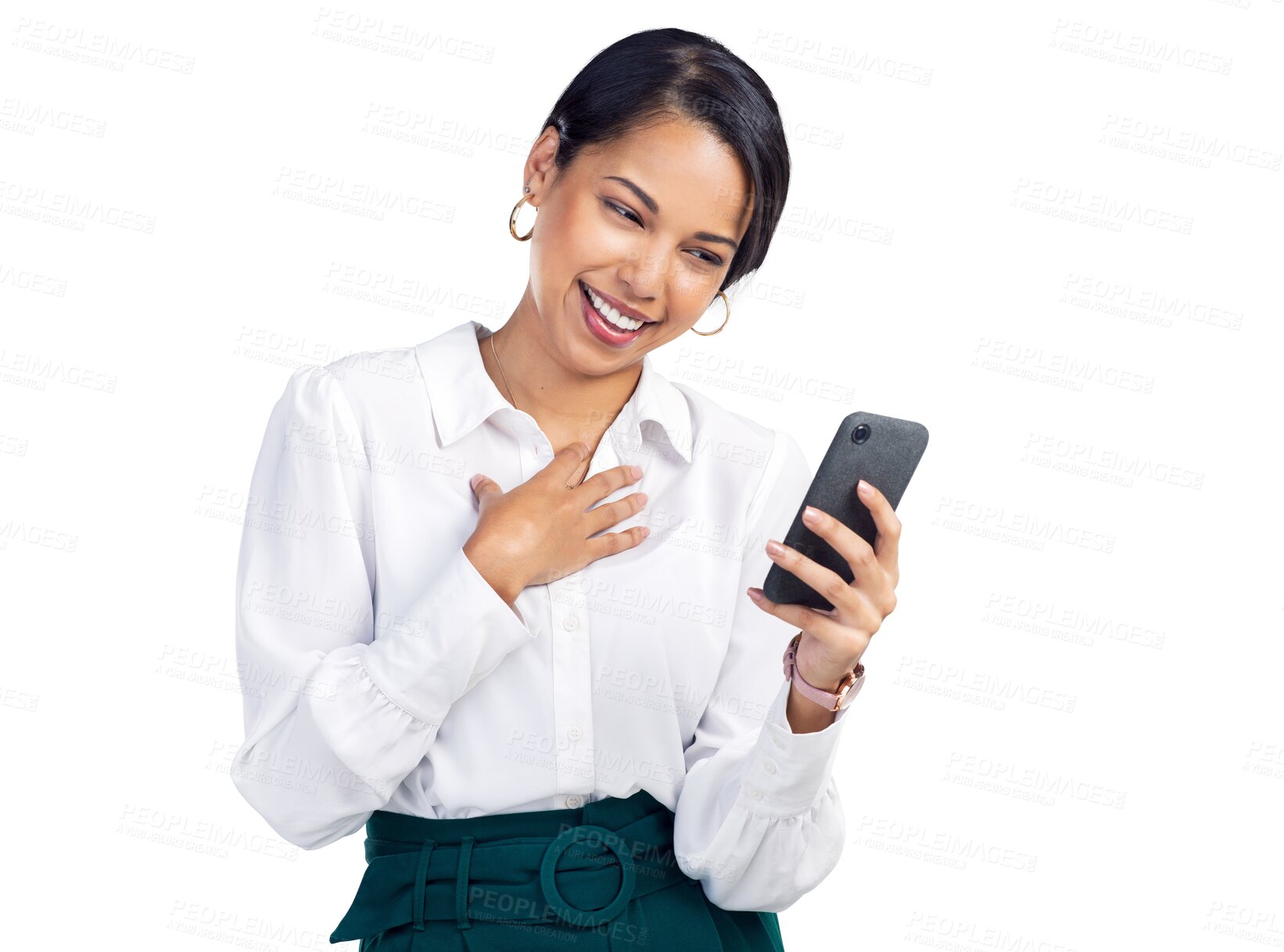 Buy stock photo Laughing, reading and a business woman with a phone for communication, notification and network. Female corporate worker isolated on a transparent, png background for social media, internet or review