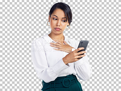 Buy stock photo Cellphone, worry and business woman reading phone notification, corporate announcement or communication. Email, professional and person check smartphone news isolated on transparent, png background