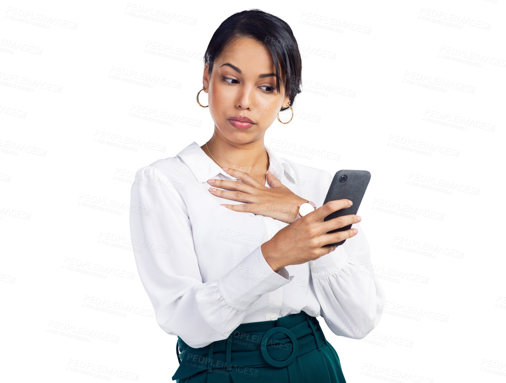 Buy stock photo Cellphone, worry and business woman reading phone notification, corporate announcement or communication. Email, professional and person check smartphone news isolated on transparent, png background