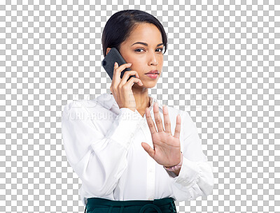 Buy stock photo Phone call, stop gesture and business portrait of woman speaking on communication, discussion or conversation. Wait, cellphone or busy corporate person annoyed isolated on transparent, png background