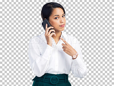 Buy stock photo Phone call, pointing portrait and business woman speaking on communication chat, discussion or conversation. On cellphone gesture, corporate and talking person isolated on transparent, png background