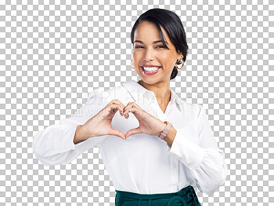 Buy stock photo Business woman, heart hand gesture and happy in portrait,  job satisfaction and love career isolated on transparent png background. Professional support, emoji and corporate care with female person