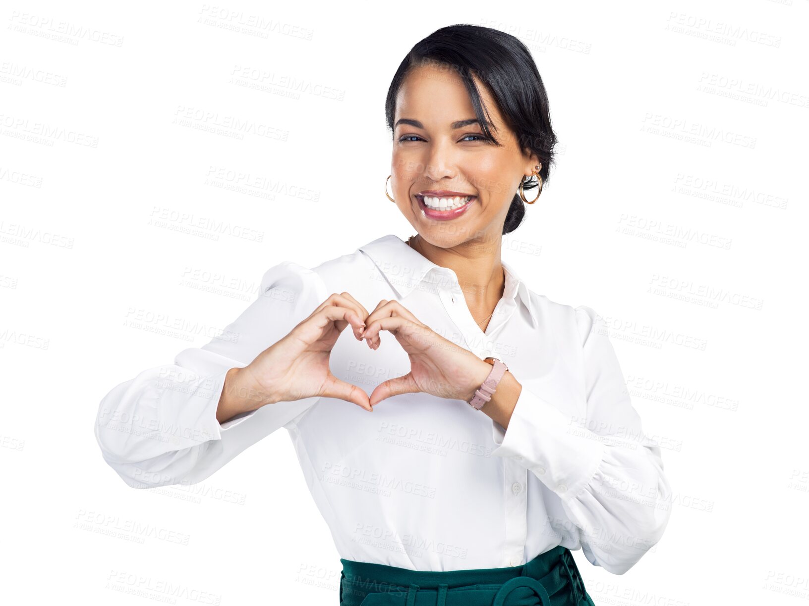 Buy stock photo Business woman, heart hand gesture and happy in portrait,  job satisfaction and love career isolated on transparent png background. Professional support, emoji and corporate care with female person